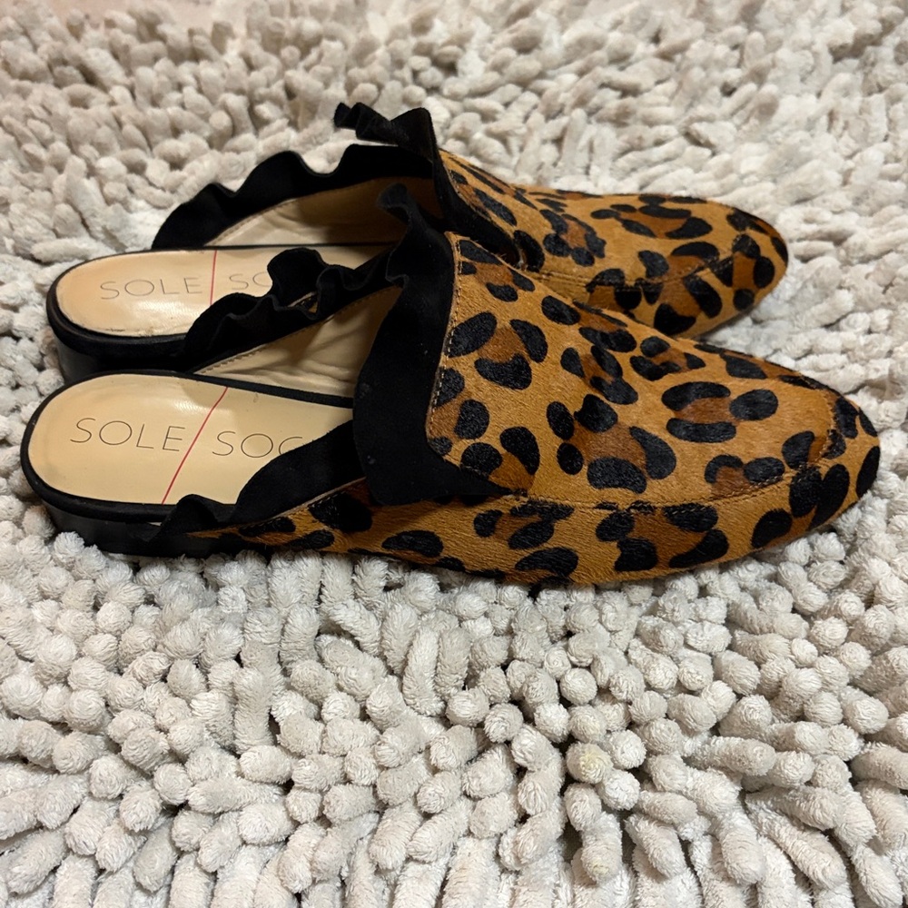 Sole Society Bedford Leopard Print Calf Hair Mule Slip-On Loafers Size 8M